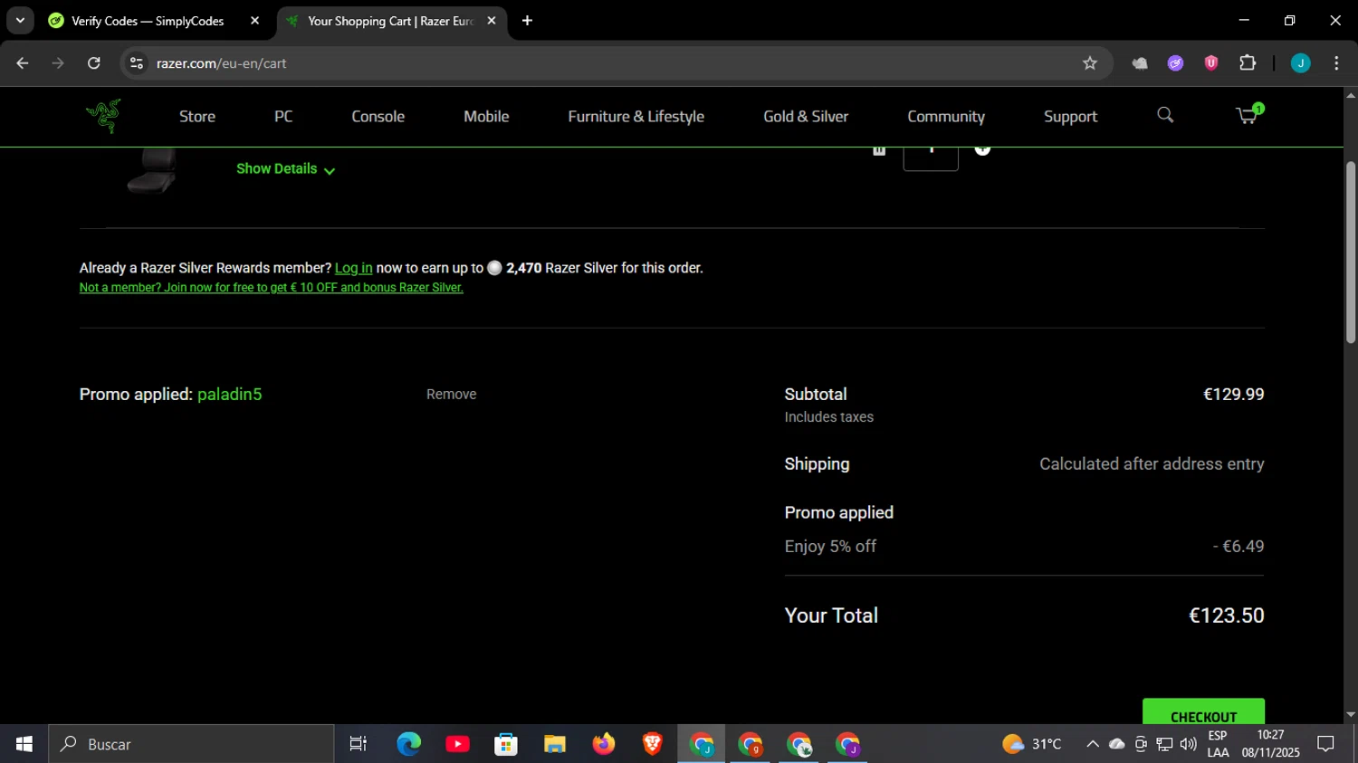 Razer Gold Partner promo code screenshot showing code paladin5 applied at Razer Gold Partner checkout page. Uploaded by SimplyCodes community member WonderCaptain6926 on Nov 8, 2025