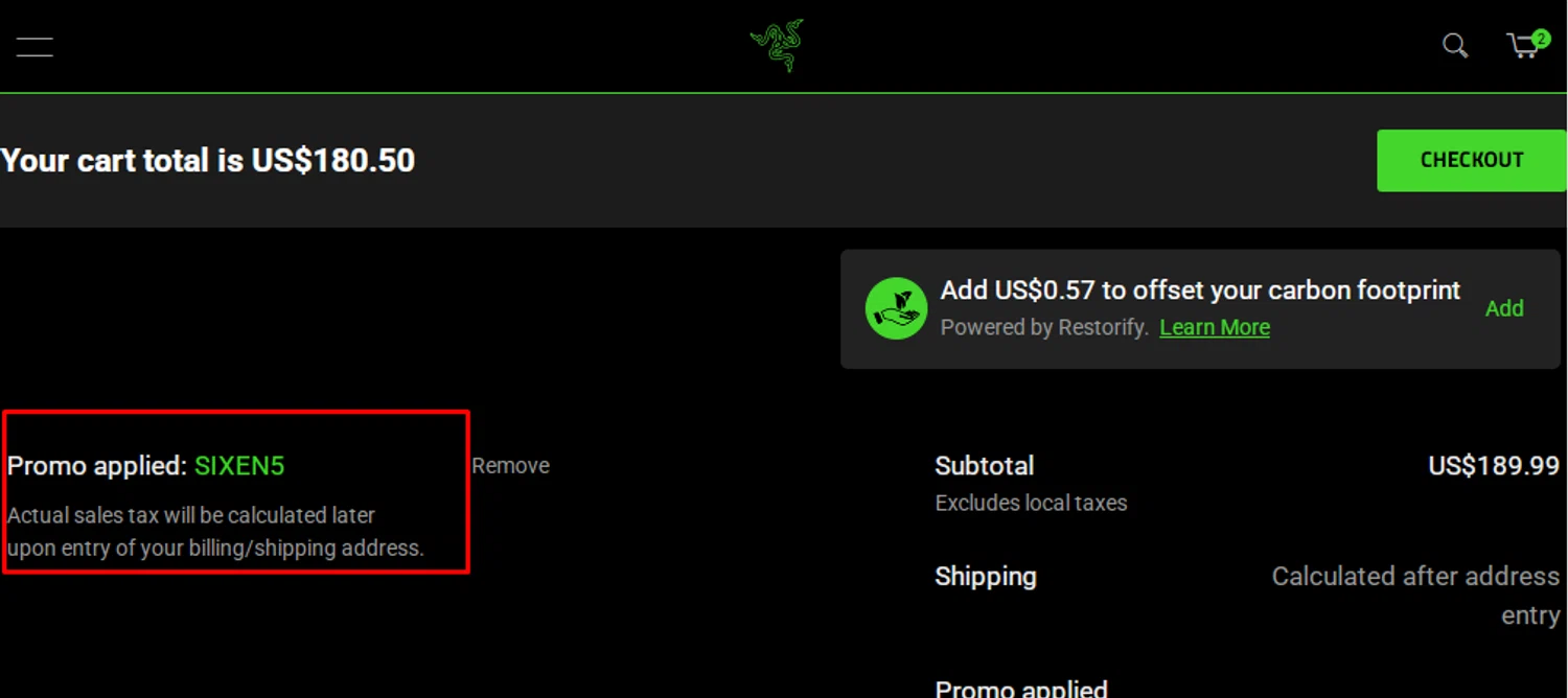 Razer Gold Partner promo code screenshot showing code SIXEN5 applied at Razer Gold Partner checkout page. Uploaded by SimplyCodes community member taylersmith on Nov 30, 2025
