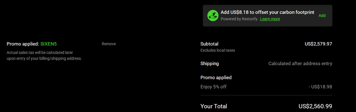 Razer Gold Partner promo code screenshot showing code SIXEN5 applied at Razer Gold Partner checkout page. Uploaded by SimplyCodes community member RonaldAcunaJr on Oct 4, 2025