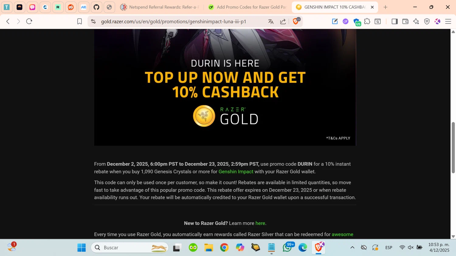 Razer Gold Partner promo code screenshot showing code DURIN applied at Razer Gold Partner checkout page. Uploaded by SimplyCodes community member cosita on Dec 5, 2025