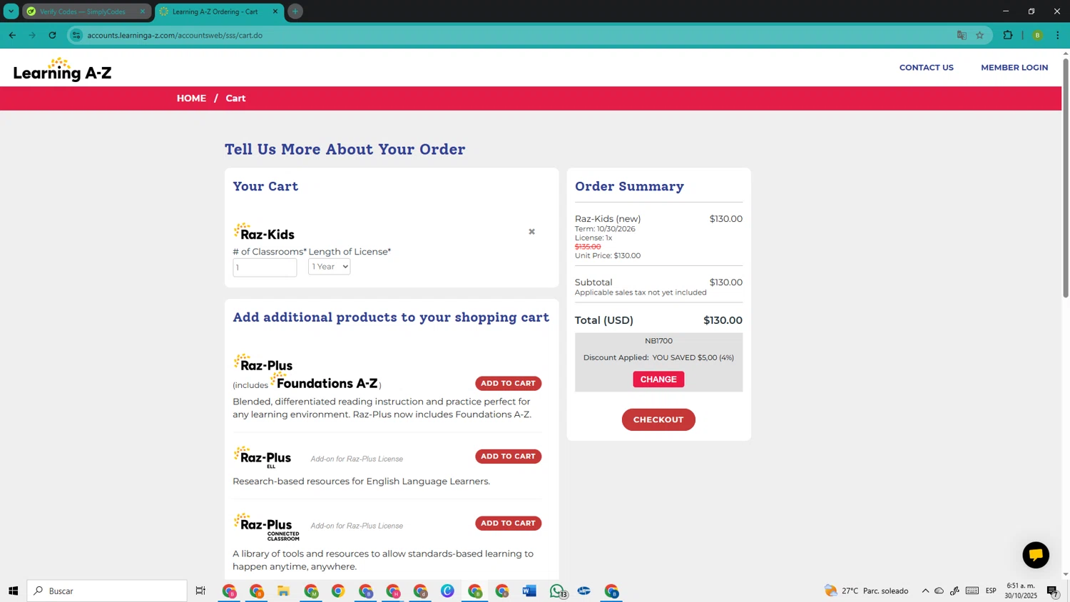 Raz-Kids promo code screenshot showing code NB1700 applied at Raz-Kids checkout page. Uploaded by SimplyCodes community member TokenOwl8222 on Oct 30, 2025