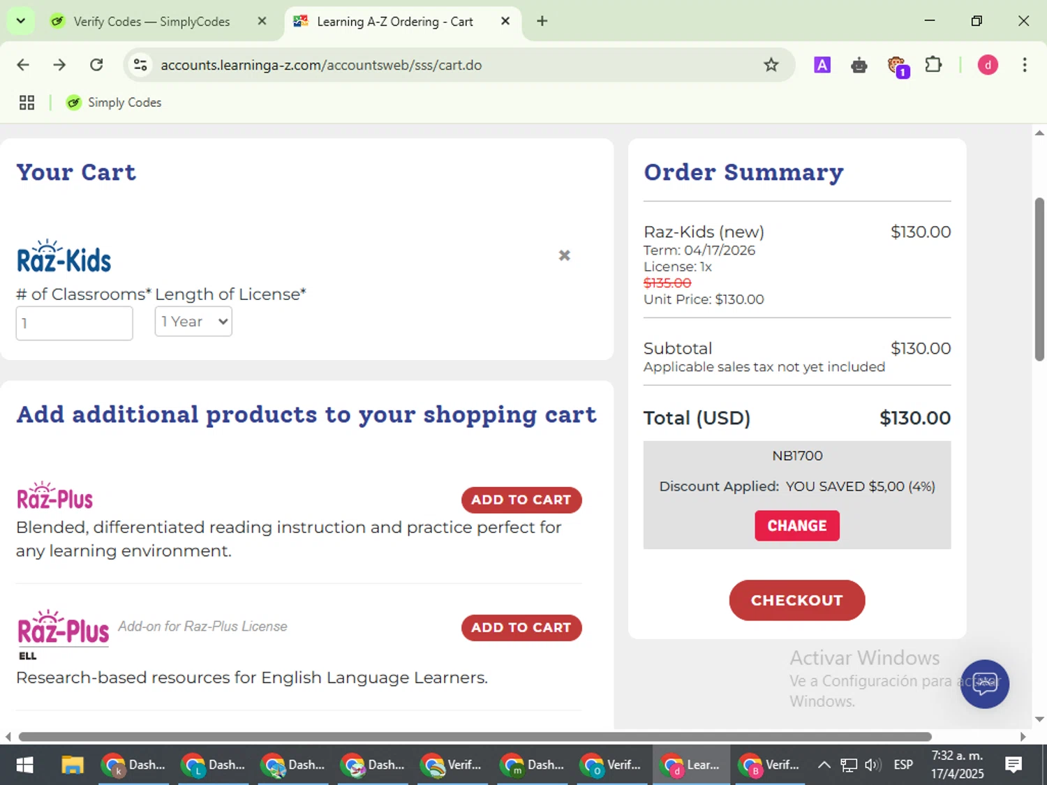 Raz-Kids promo code screenshot showing code NB1700 applied at Raz-Kids checkout page. Uploaded by SimplyCodes community member BudgetVoyager5452 on Apr 17, 2025