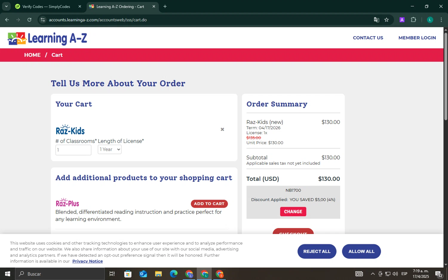 Raz-Kids promo code screenshot showing code NB1700 applied at Raz-Kids checkout page. Uploaded by SimplyCodes community member ValueExpert7524 on Apr 17, 2025