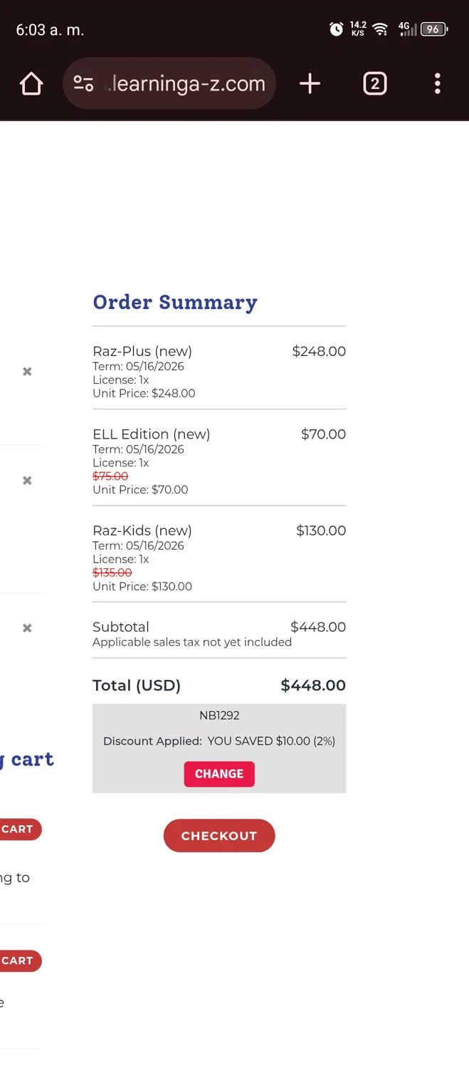 Raz-Kids promo code screenshot showing code NB1292 applied at Raz-Kids checkout page. Uploaded by SimplyCodes community member Diego_Soto on May 16, 2025