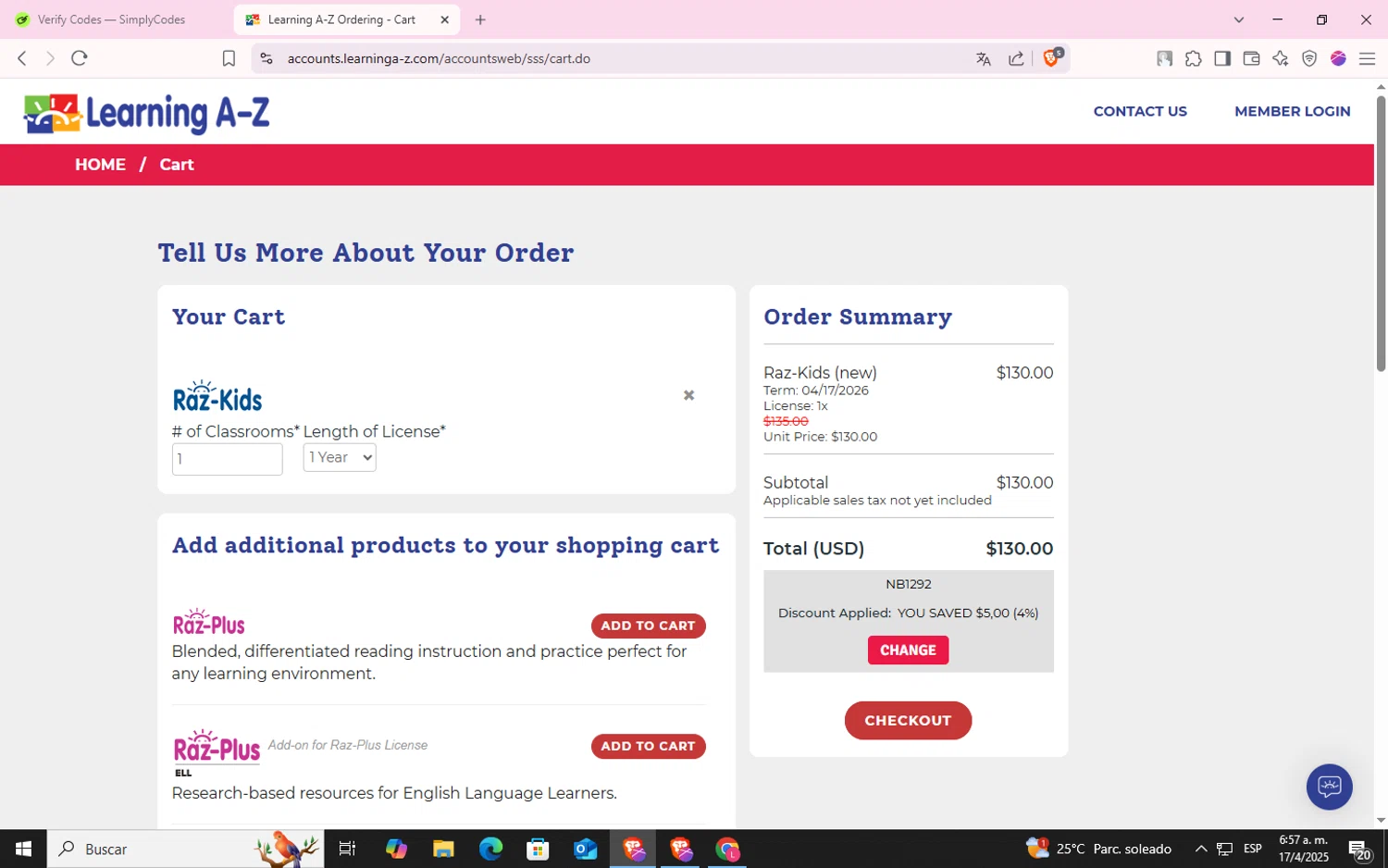 Raz-Kids promo code screenshot showing code NB1292 applied at Raz-Kids checkout page. Uploaded by SimplyCodes community member CodeLynx5272 on Apr 17, 2025