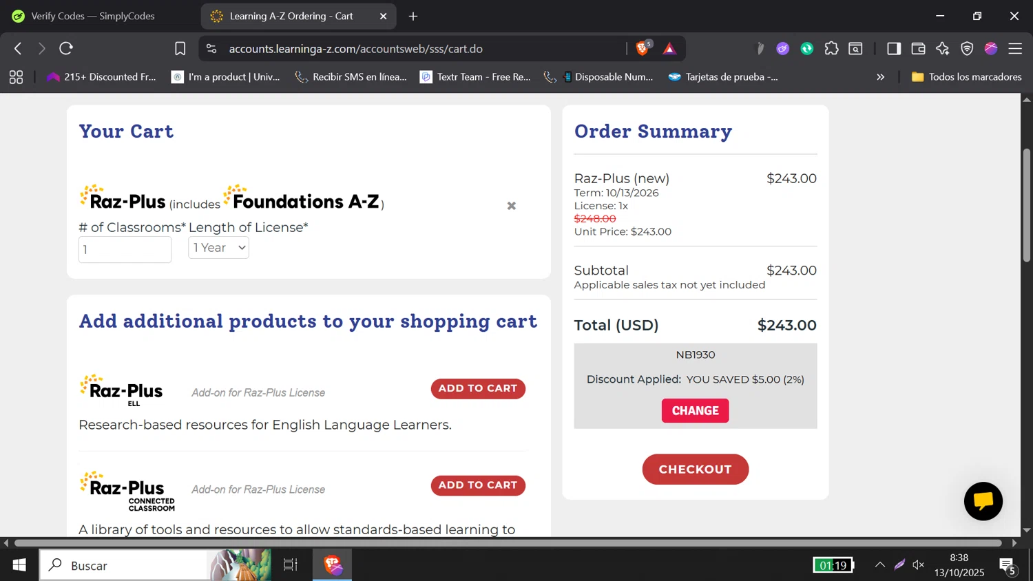 Raz-Kids promo code screenshot showing code NB1930 applied at Raz-Kids checkout page. Uploaded by SimplyCodes community member DORIANGEL on Oct 13, 2025