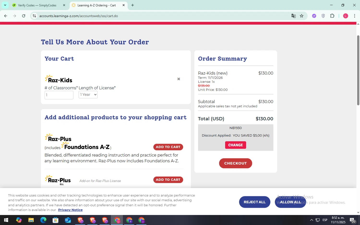 Raz-Kids promo code screenshot showing code NB1930 applied at Raz-Kids checkout page. Uploaded by SimplyCodes community member SilverFox3257 on Nov 11, 2025