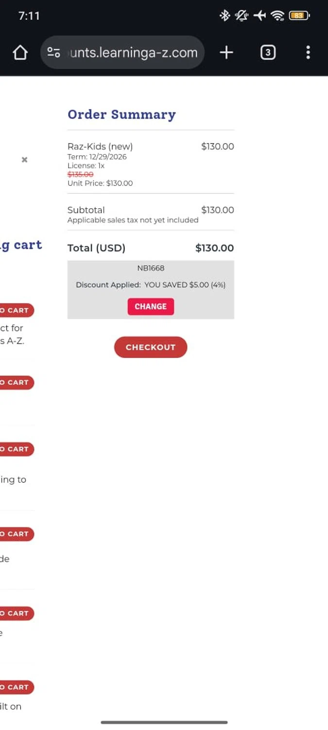 Raz-Kids promo code screenshot showing code NB1668 applied at Raz-Kids checkout page. Uploaded by SimplyCodes community member RoyalSpotter5217 on Dec 29, 2025