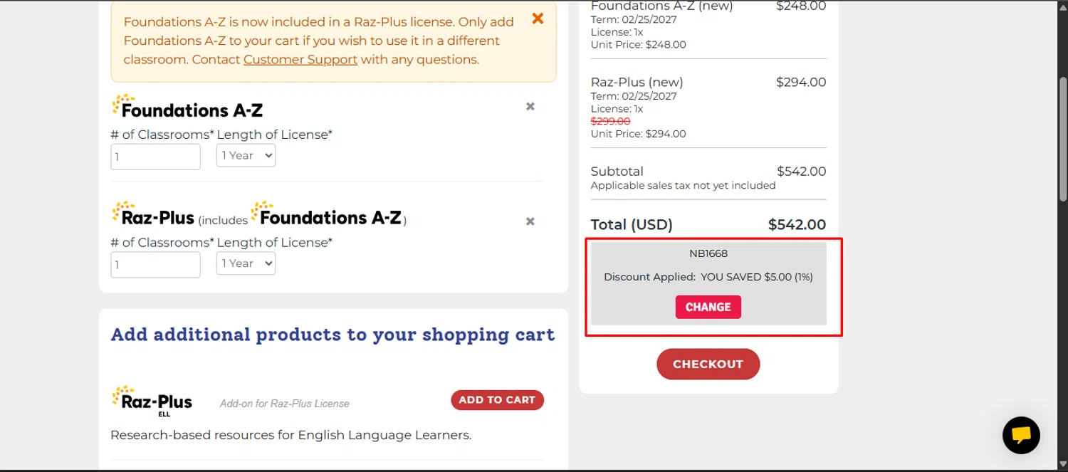 Raz-Kids promo code screenshot showing code NB1668 applied at Raz-Kids checkout page. Uploaded by SimplyCodes community member obert0264_b14f on Feb 25, 2026