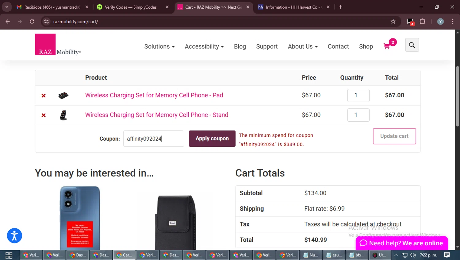 RAZ Mobility coupon code screenshot showing code affinity092024 applied at RAZ Mobility checkout page. Uploaded by SimplyCodes community member MoneyTiger5162 on Sep 15, 2025