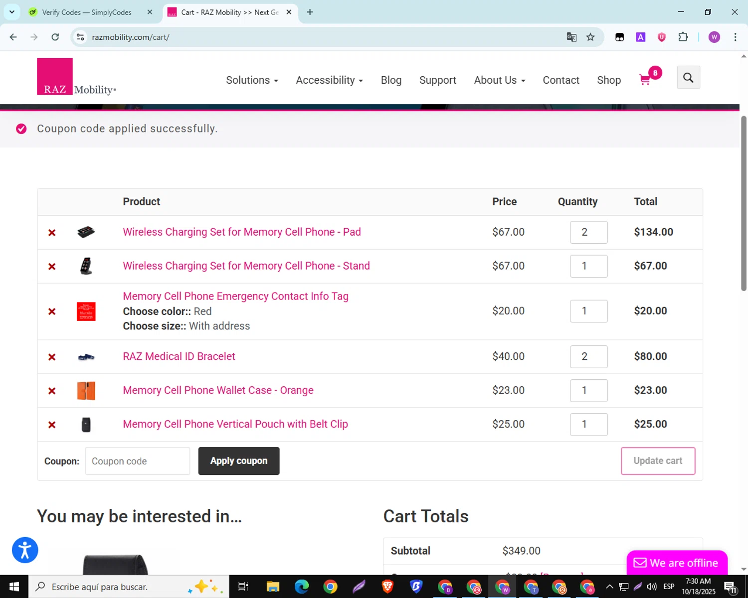 RAZ Mobility coupon code screenshot showing code affinity092024 applied at RAZ Mobility checkout page. Uploaded by SimplyCodes community member SwiftScout6682 on Oct 18, 2025