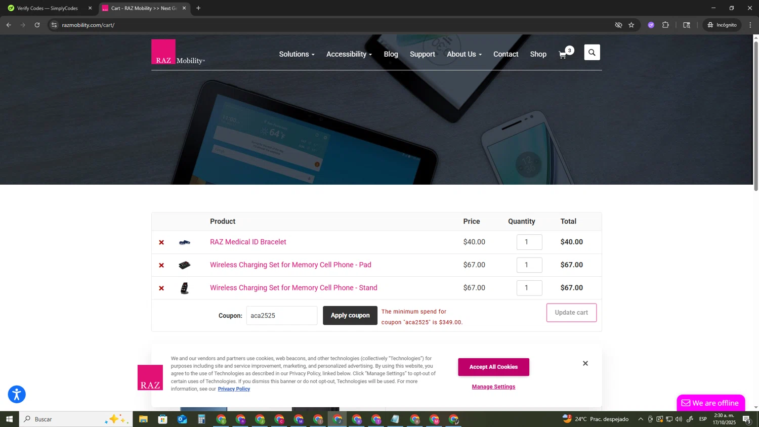 RAZ Mobility coupon code screenshot showing code aca2525 applied at RAZ Mobility checkout page. Uploaded by SimplyCodes community member AVATIGRITO on Oct 17, 2025