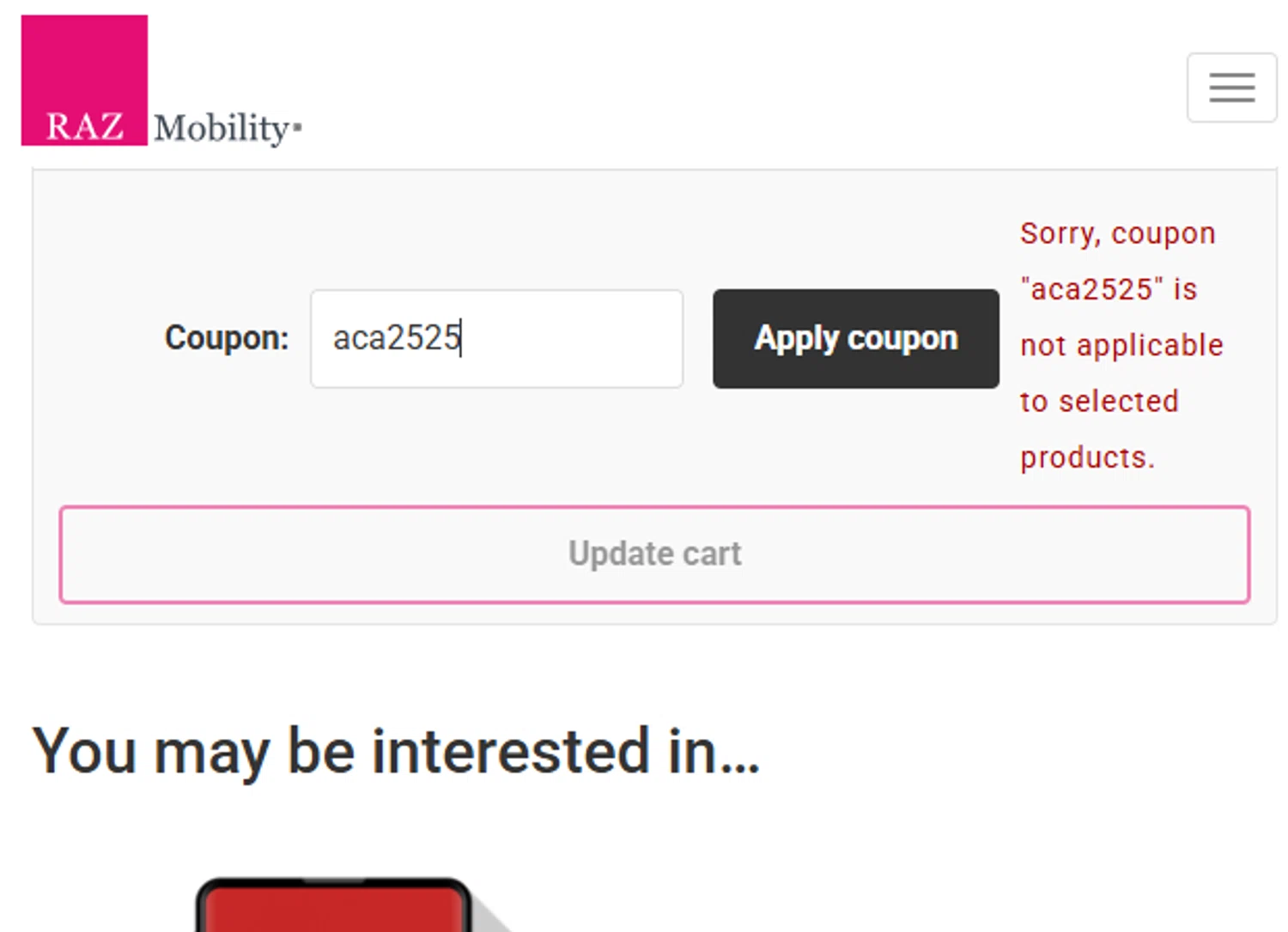RAZ Mobility coupon code screenshot showing code aca2525 applied at RAZ Mobility checkout page. Uploaded by SimplyCodes community member josedanielacostaguan on Nov 10, 2025