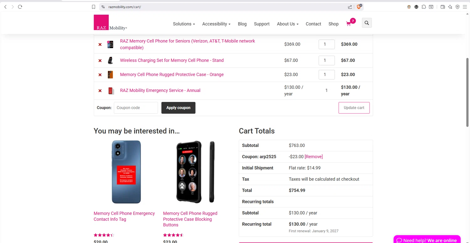 RAZ Mobility checkout page showing RAZ Mobility coupon code box | Screenshot taken by SimplyCodes community member on Jan 9, 2026