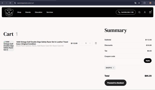 Razor Emporium checkout page showing Razor Emporium discount code box | Screenshot taken by SimplyCodes community member on Aug 14, 2025