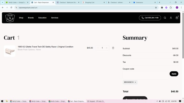 Razor Emporium checkout page showing Razor Emporium discount code box | Screenshot taken by SimplyCodes community member on Aug 11, 2025