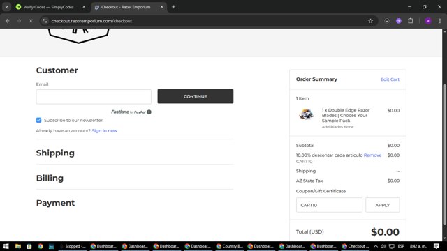 Razor Emporium checkout page showing Razor Emporium discount code box | Screenshot taken by SimplyCodes community member on Aug 17, 2025