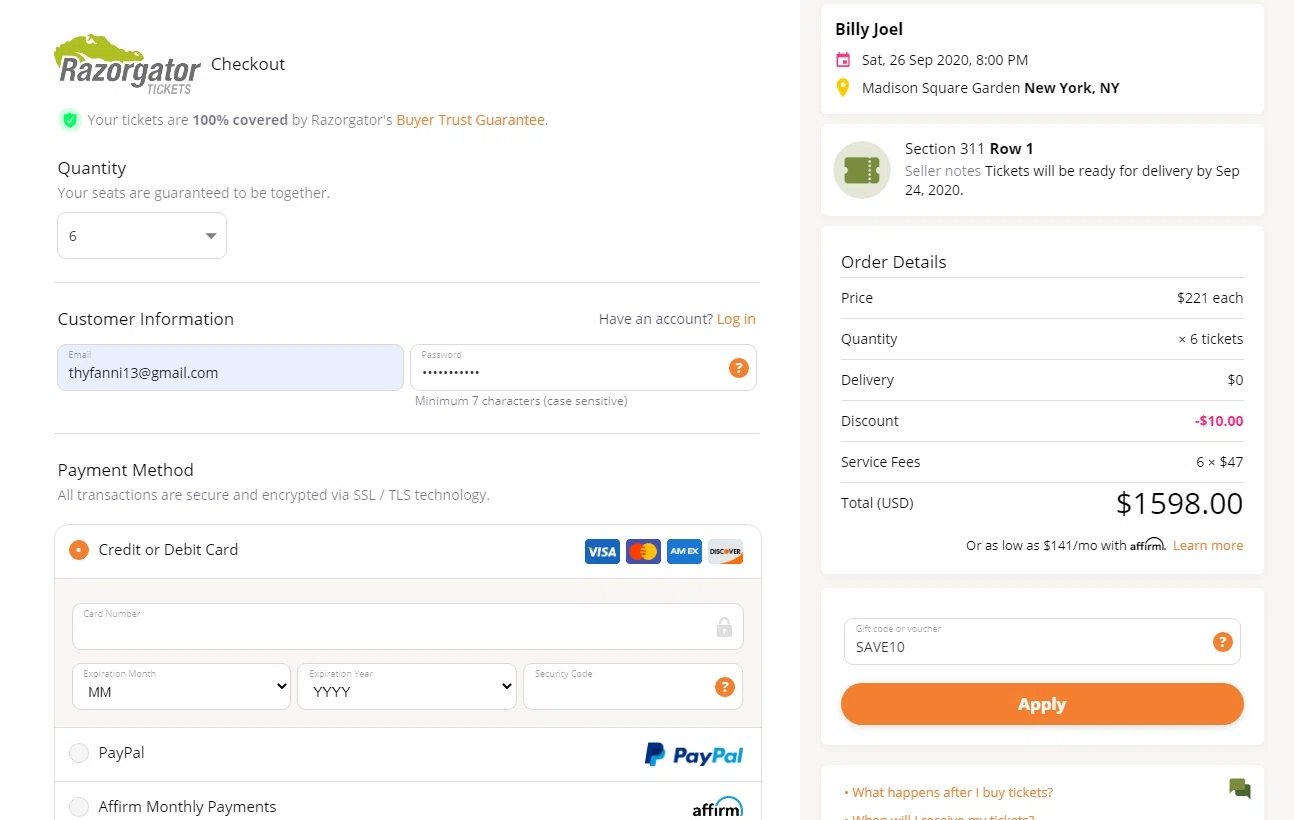 RazorGator checkout page showing RazorGator promo code box | Screenshot taken by SimplyCodes community member on Jun 11, 2020