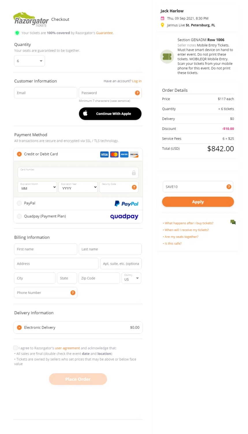 RazorGator checkout page showing RazorGator promo code box | Screenshot taken by SimplyCodes community member on Aug 12, 2021