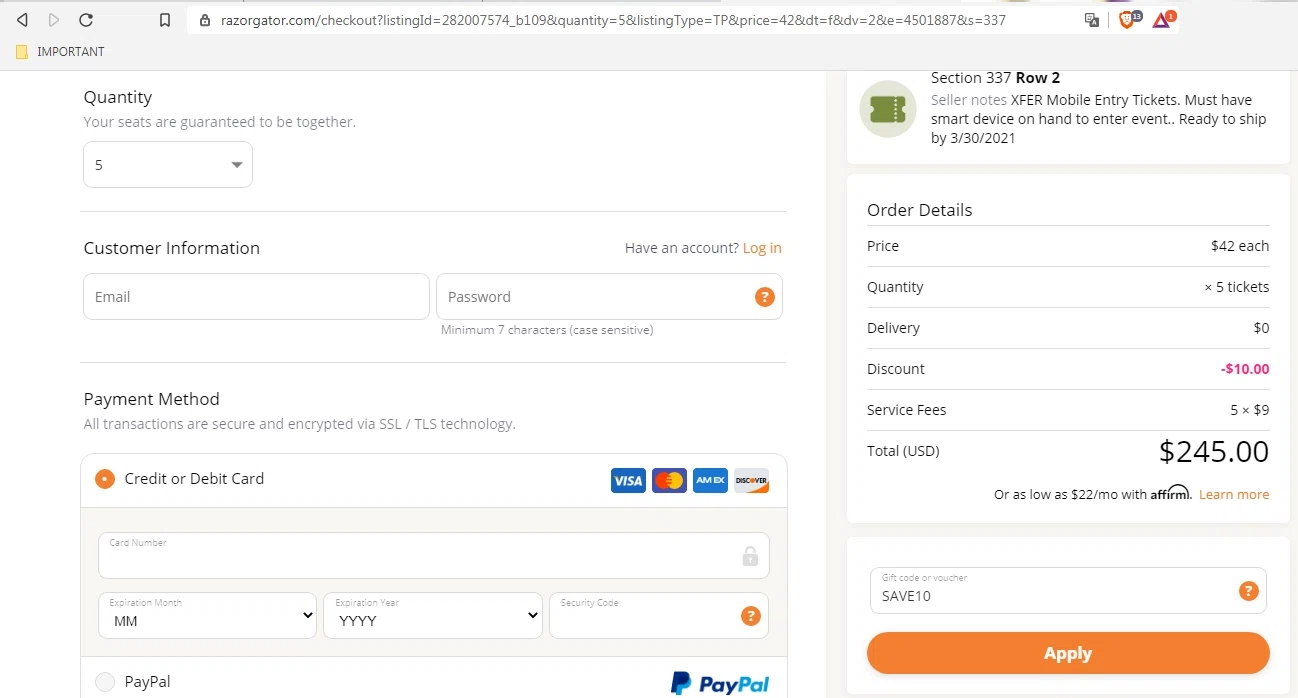 RazorGator checkout page showing RazorGator promo code box | Screenshot taken by SimplyCodes community member on Aug 3, 2020