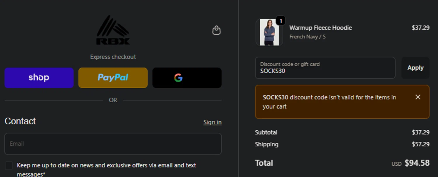 RBX Active coupon code screenshot showing code SOCKS30 applied at RBX Active checkout page. Uploaded by SimplyCodes community member idkxxx on Oct 18, 2025