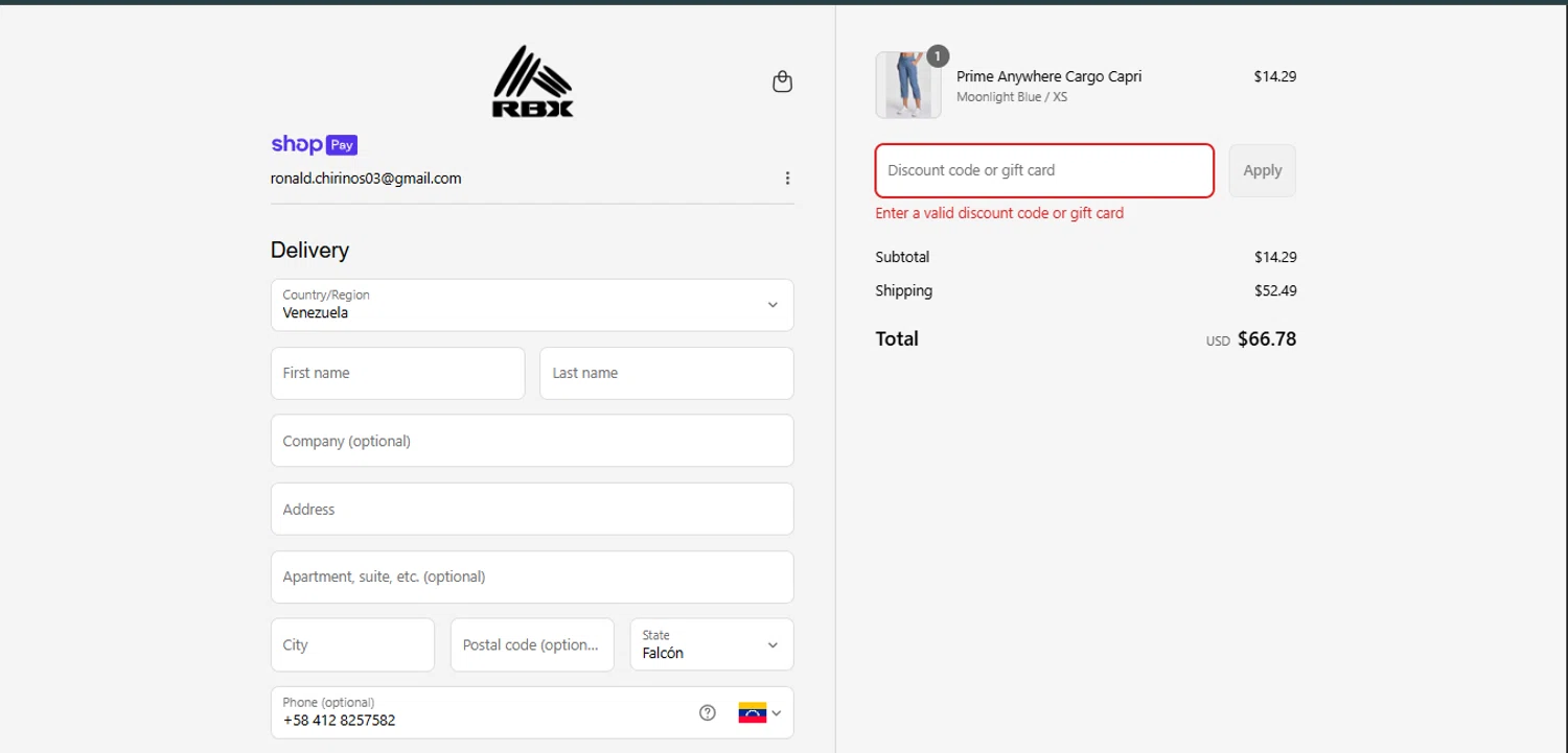 RBX Active coupon code screenshot showing code COMEBACK20 applied at RBX Active checkout page. Uploaded by SimplyCodes community member BrilliantTitan7739 on Jul 19, 2025