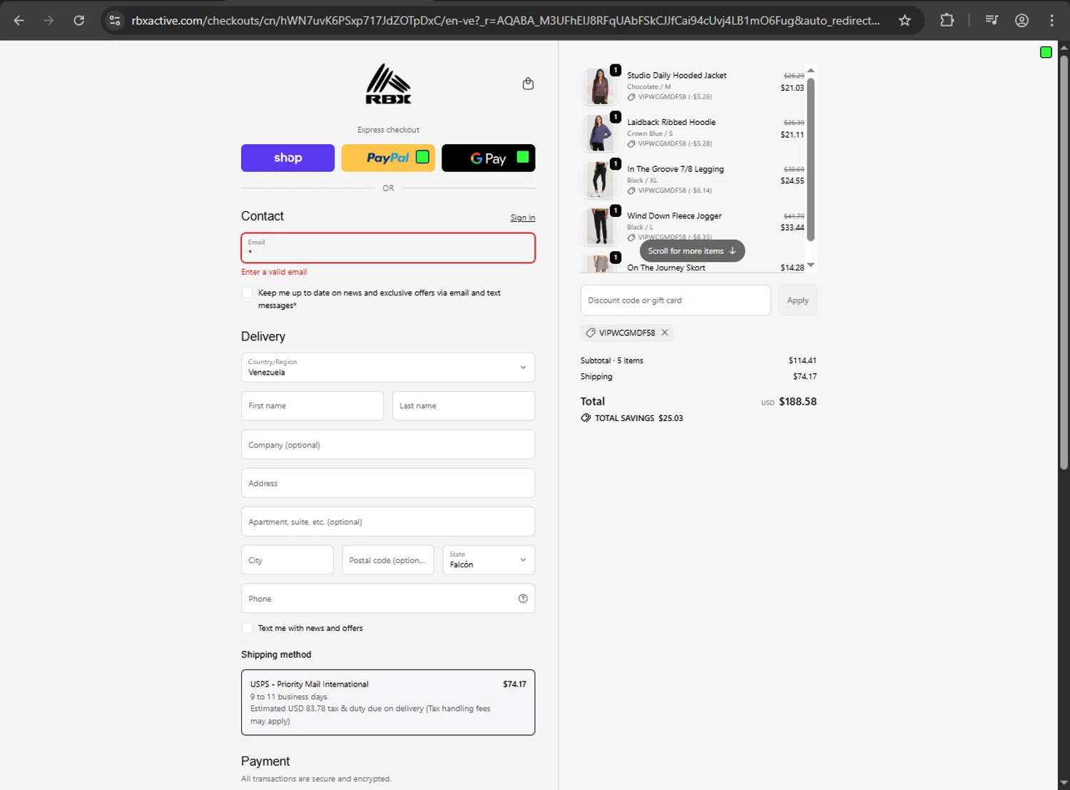 RBX Active coupon code screenshot showing code VIPWCGMDF58 applied at RBX Active checkout page. Uploaded by SimplyCodes community member gokuyvegetta on Jan 22, 2026
