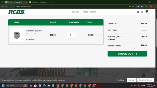 RCBS checkout page showing RCBS promo code box | Screenshot taken by SimplyCodes community member on Aug 8, 2025