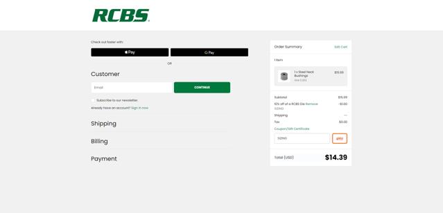 RCBS checkout page showing RCBS promo code box | Screenshot taken by SimplyCodes community member on Aug 18, 2025