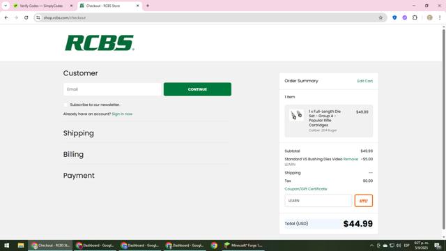 RCBS checkout page showing RCBS promo code box | Screenshot taken by SimplyCodes community member on Sep 5, 2025