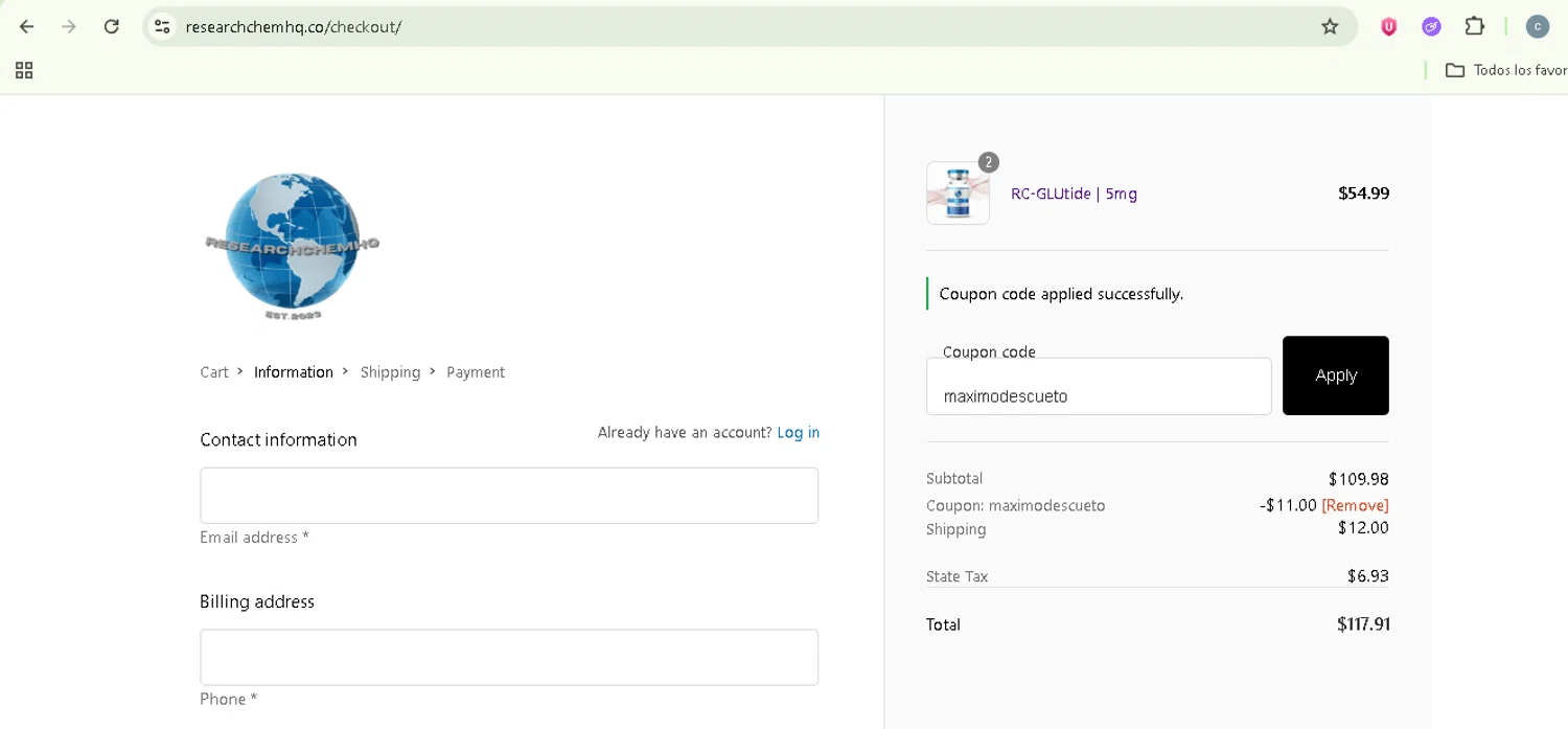 RCHQ Peptide promo code screenshot showing code maximodescueto applied at RCHQ Peptide checkout page. Uploaded by SimplyCodes community member NobleSentinel8535 on Jun 22, 2025