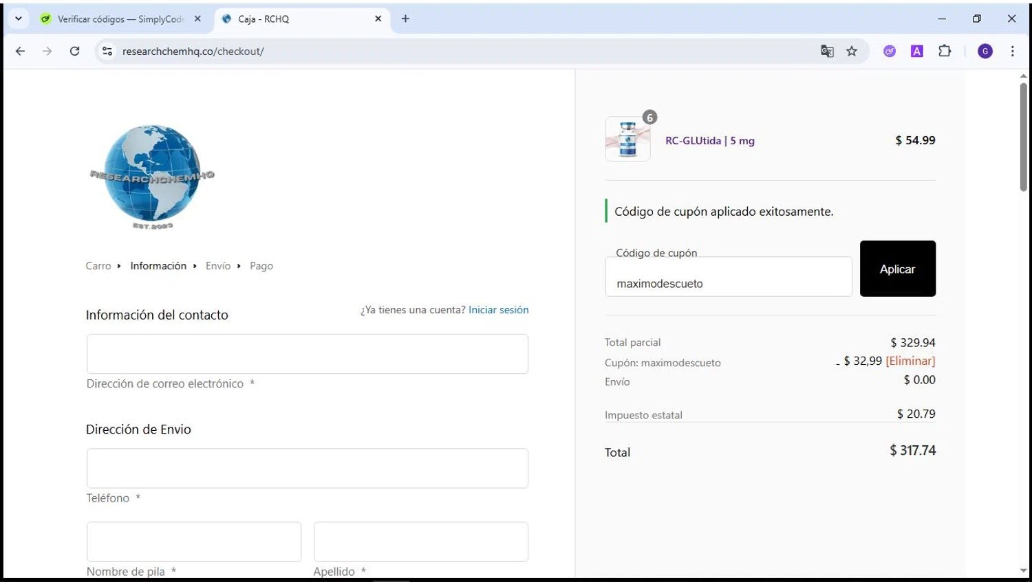 RCHQ Peptide promo code screenshot showing code maximodescueto applied at RCHQ Peptide checkout page. Uploaded by SimplyCodes community member jesus4 on Jun 15, 2025