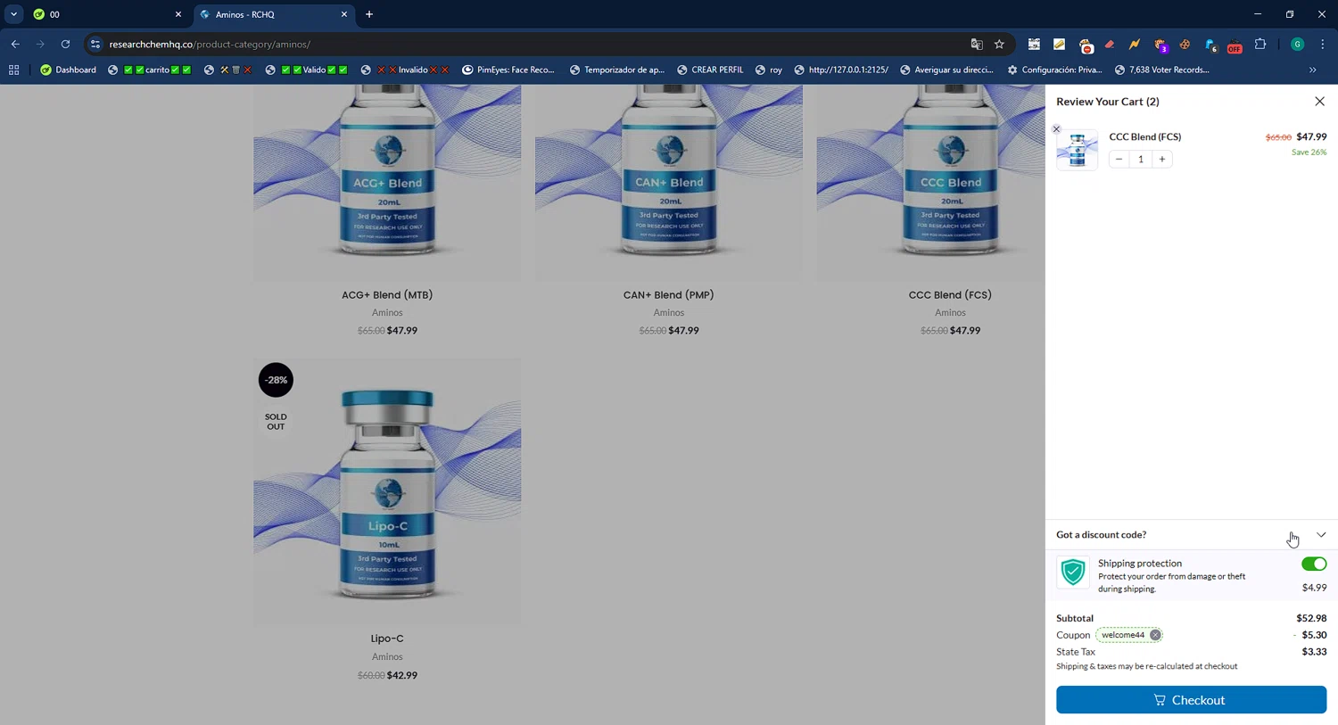 RCHQ Peptide promo code screenshot showing code welcome44 applied at RCHQ Peptide checkout page. Uploaded by SimplyCodes community member WiseMaestro7997 on Sep 11, 2025