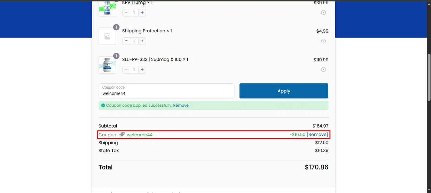 RCHQ Peptide promo code screenshot showing code welcome44 applied at RCHQ Peptide checkout page. Uploaded by SimplyCodes community member noworries on Sep 10, 2025