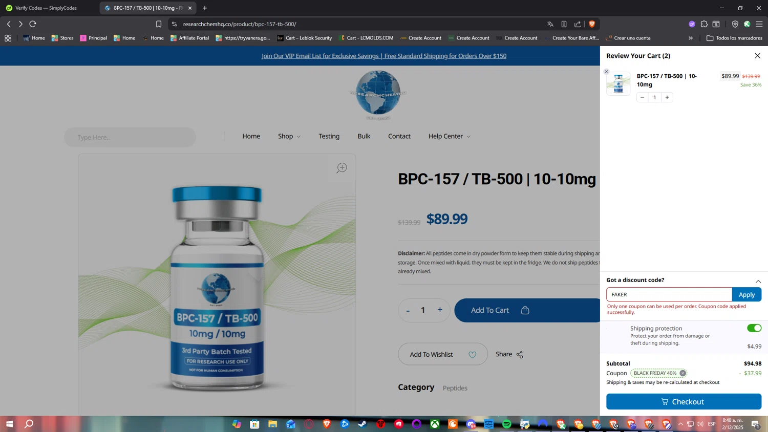 RCHQ Peptide promo code screenshot showing code FAKER applied at RCHQ Peptide checkout page. Uploaded by SimplyCodes community member Nulo0000 on Dec 2, 2025