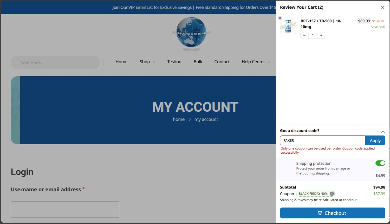 RCHQ Peptide promo code screenshot showing code FAKER applied at RCHQ Peptide checkout page. Uploaded by SimplyCodes community member tokiio on Dec 2, 2025