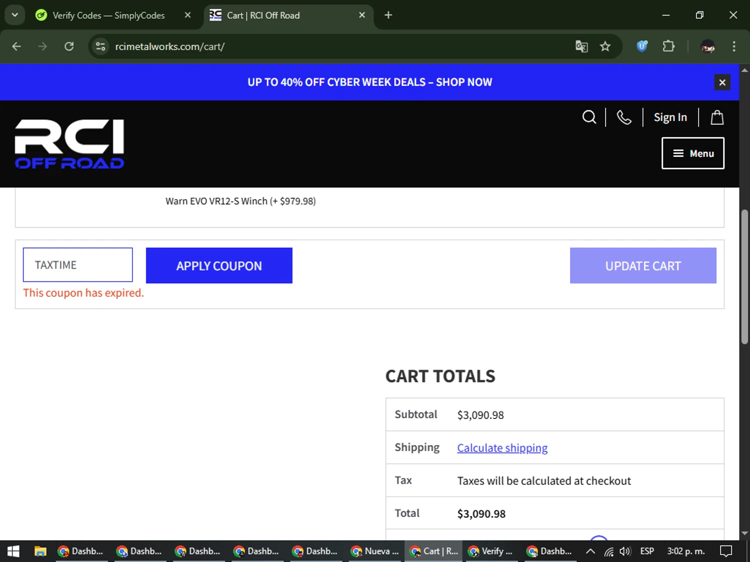 RCI Off Road coupon code screenshot showing code TAXTIME applied at RCI Off Road checkout page. Uploaded by SimplyCodes community member WonderCurator791 on Dec 2, 2025