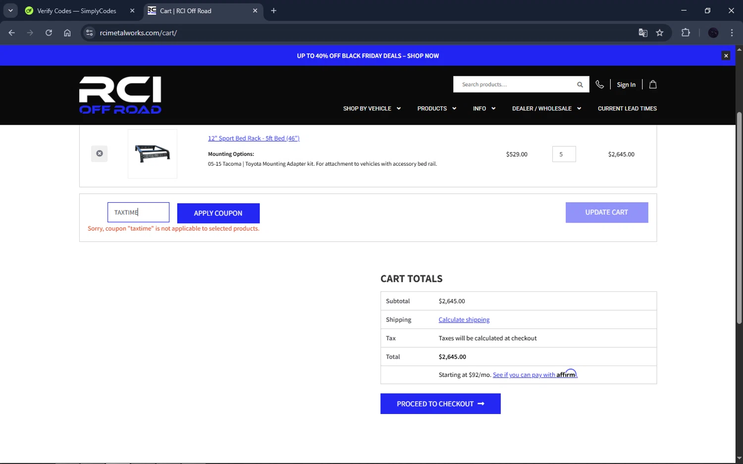 RCI Off Road checkout page showing RCI Off Road coupon code box | Screenshot taken by SimplyCodes community member on Nov 21, 2025