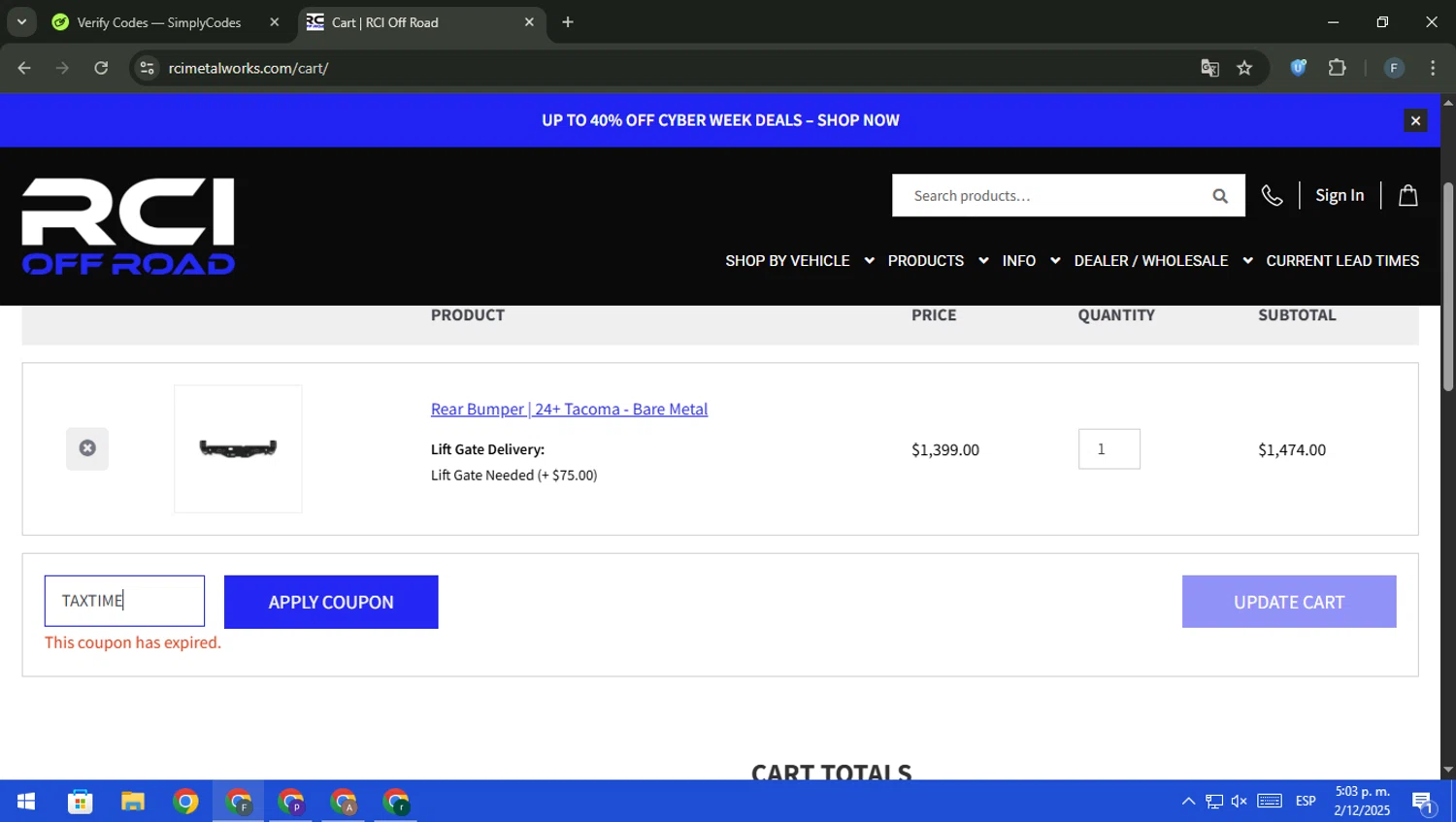 RCI Off Road coupon code screenshot showing code TAXTIME applied at RCI Off Road checkout page. Uploaded by SimplyCodes community member pajarito on Dec 2, 2025