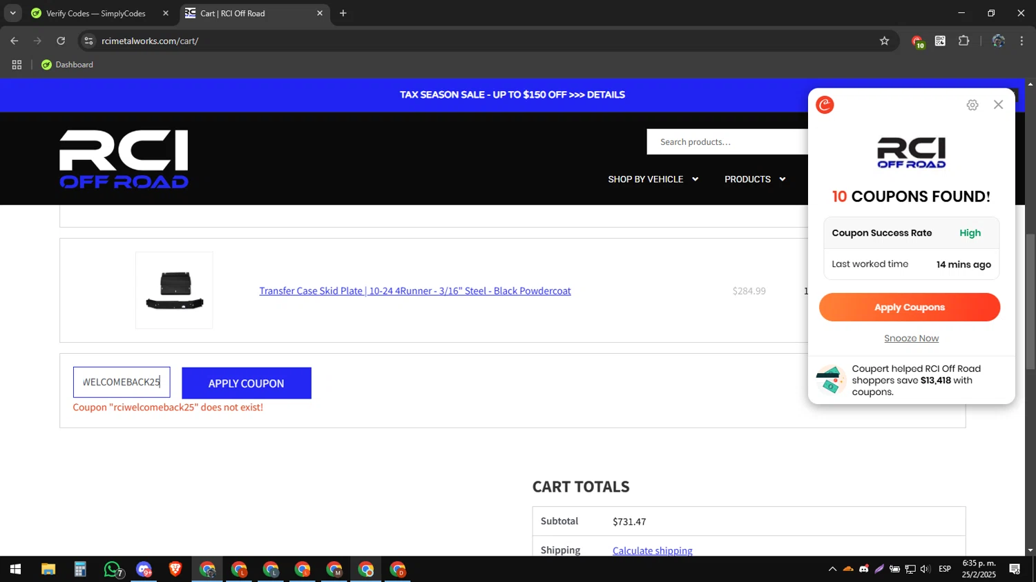 RCI Off Road coupon code screenshot showing code RCIWELCOMEBACK25 applied at RCI Off Road checkout page. Uploaded by SimplyCodes community member RoyalAdmiral1682 on Feb 25, 2025