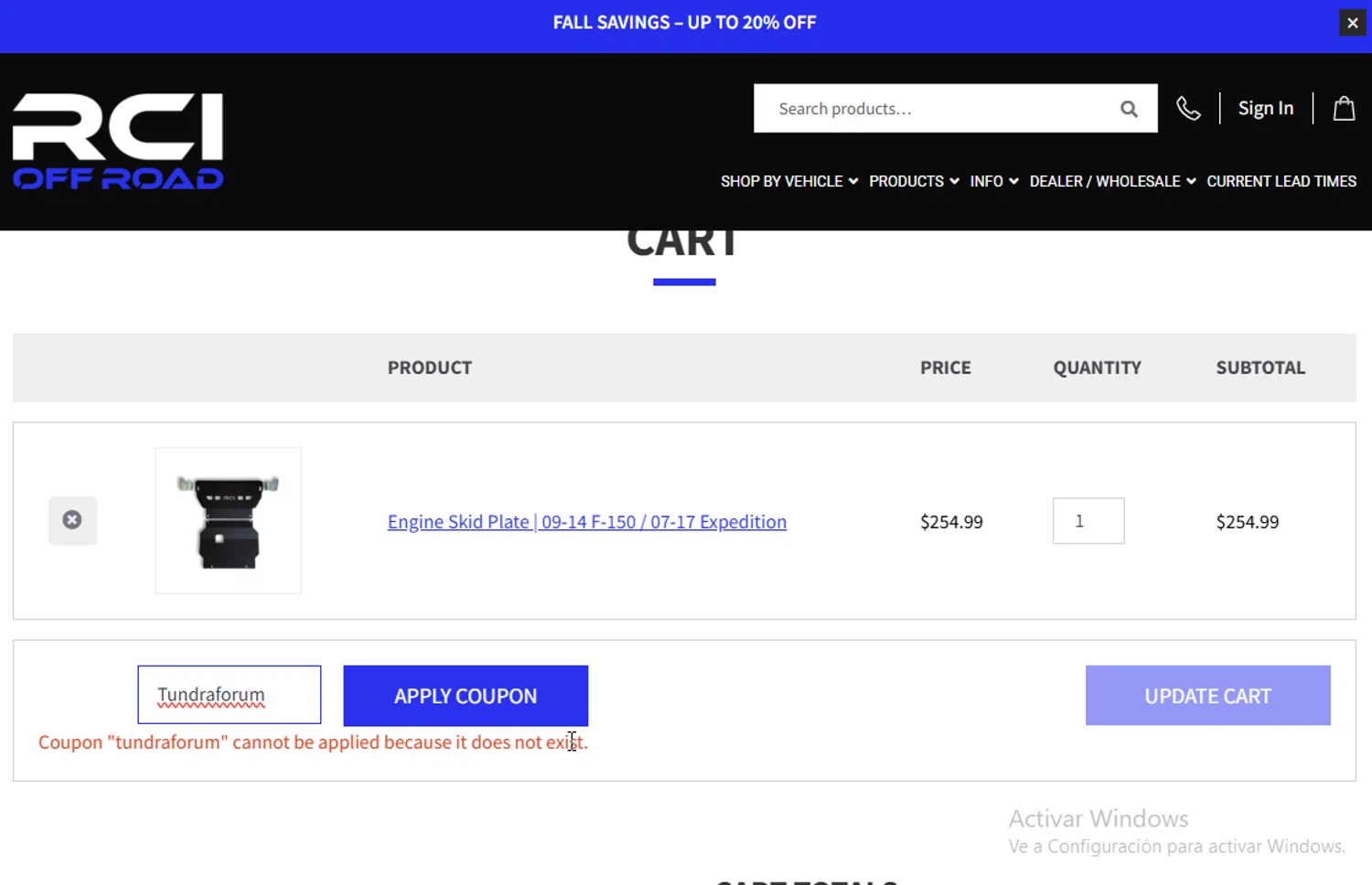 RCI Off Road coupon code screenshot showing code Tundraforum applied at RCI Off Road checkout page. Uploaded by SimplyCodes community member BudgetGuardian5712 on Oct 18, 2025