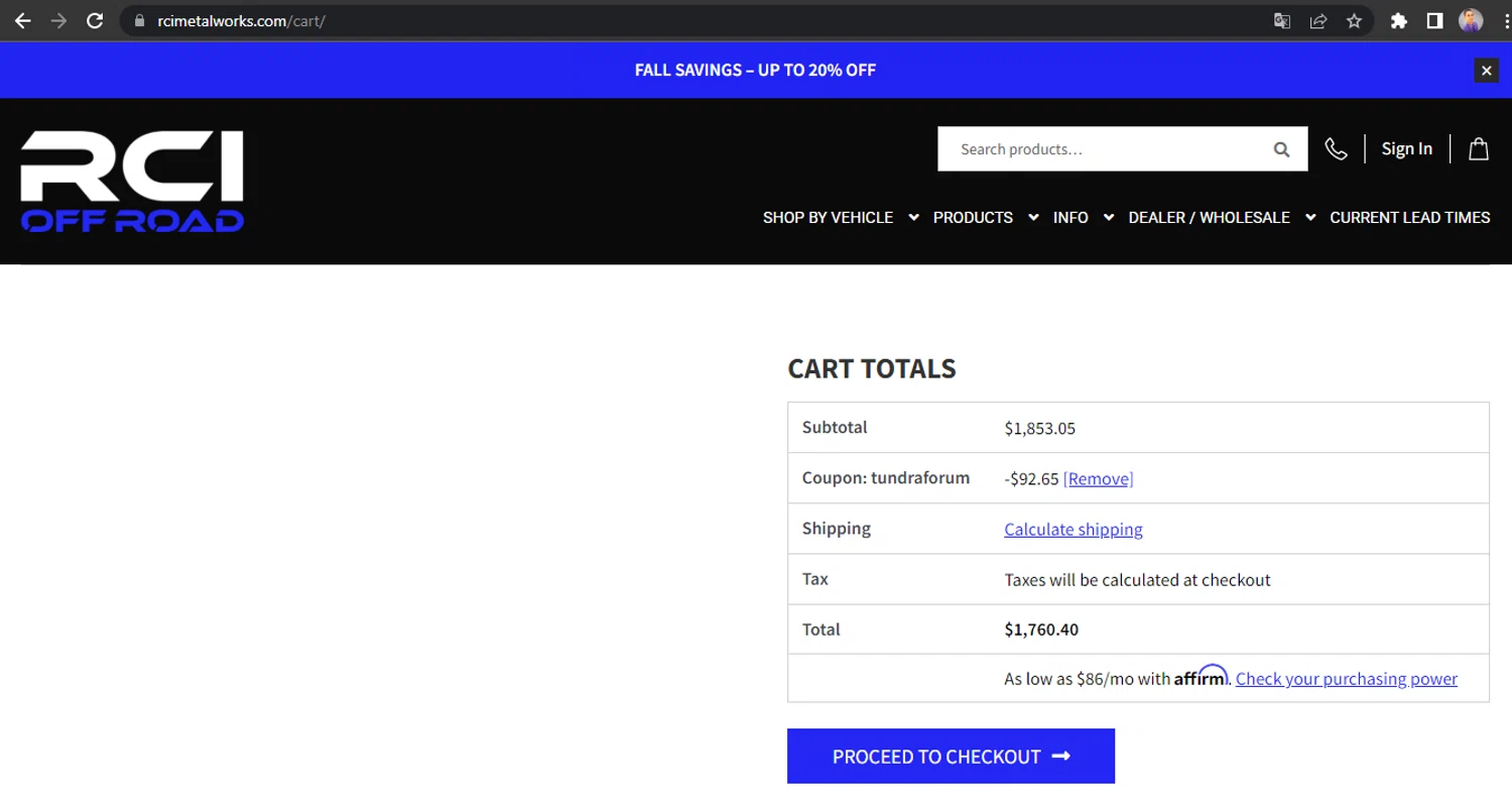 RCI Off Road checkout page showing RCI Off Road coupon code box | Screenshot taken by SimplyCodes community member on Oct 3, 2025