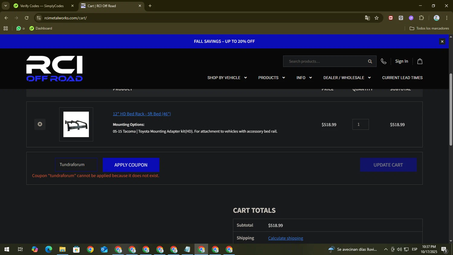 RCI Off Road coupon code screenshot showing code Tundraforum applied at RCI Off Road checkout page. Uploaded by SimplyCodes community member PromoTitan1625 on Oct 18, 2025