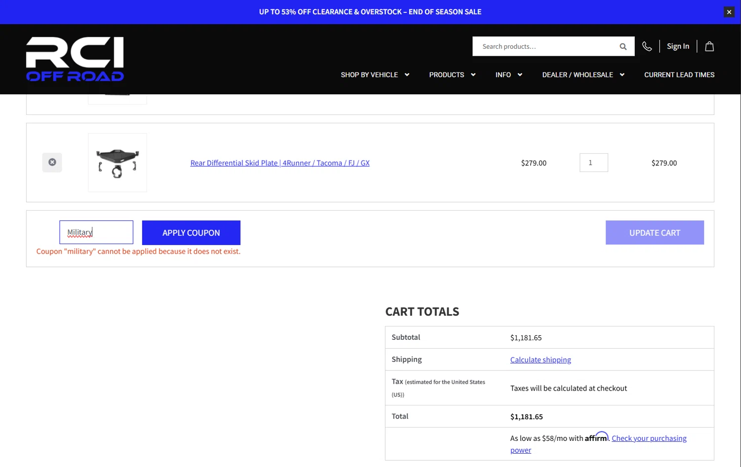 RCI Off Road coupon code screenshot showing code Military applied at RCI Off Road checkout page. Uploaded by SimplyCodes community member CashCollector4199 on Oct 22, 2025