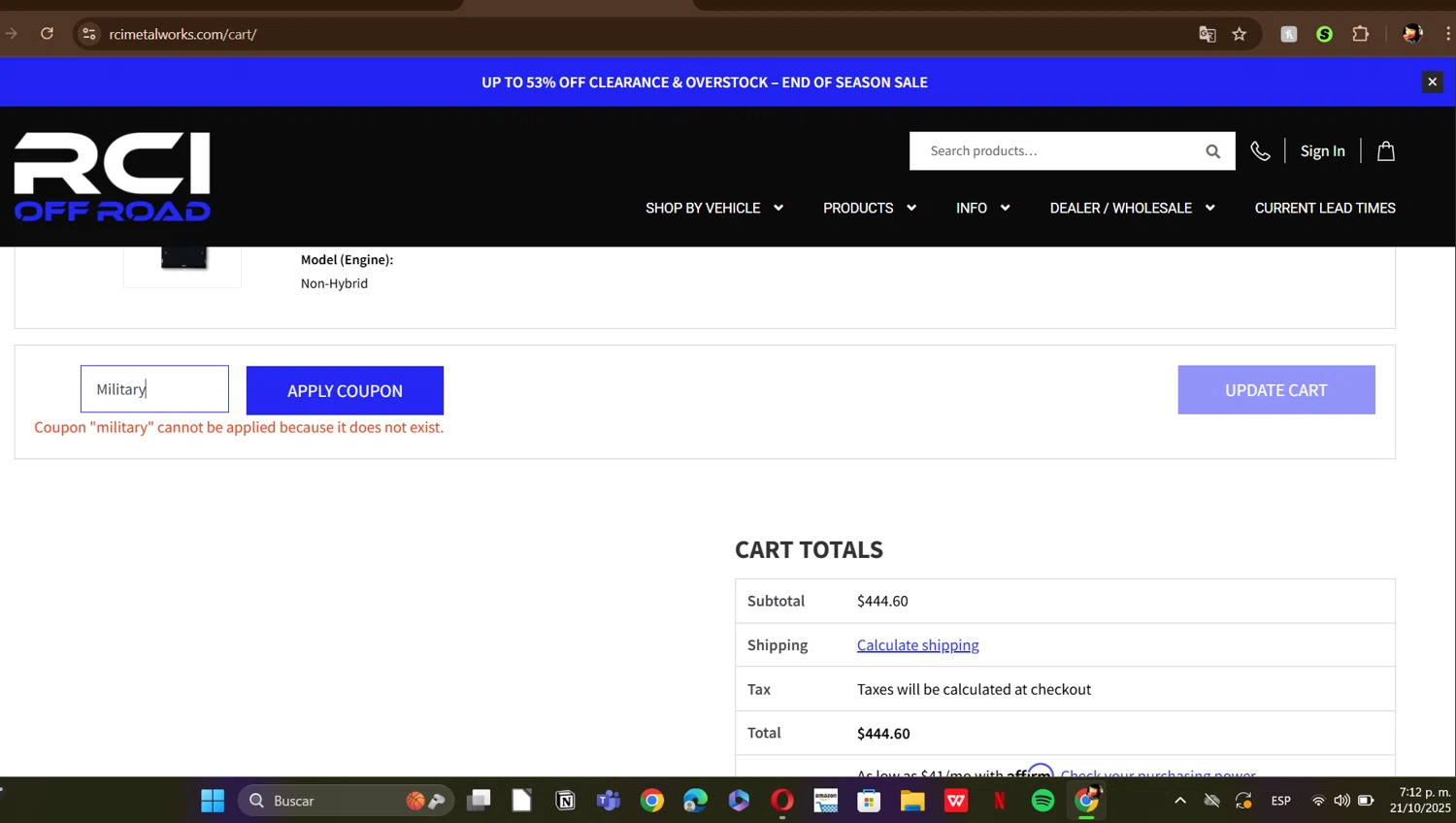 RCI Off Road coupon code screenshot showing code Military applied at RCI Off Road checkout page. Uploaded by SimplyCodes community member ERI0810 on Oct 21, 2025