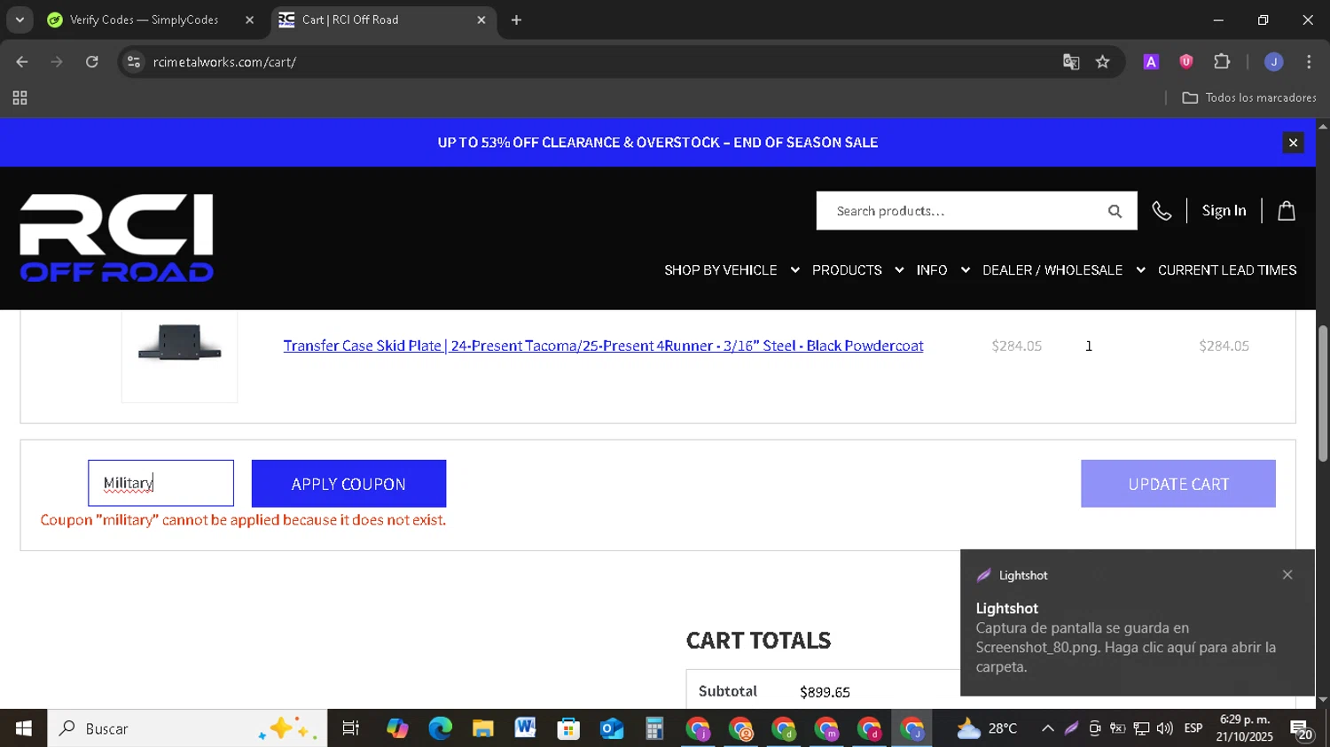RCI Off Road coupon code screenshot showing code Military applied at RCI Off Road checkout page. Uploaded by SimplyCodes community member EpicSage3474 on Oct 21, 2025