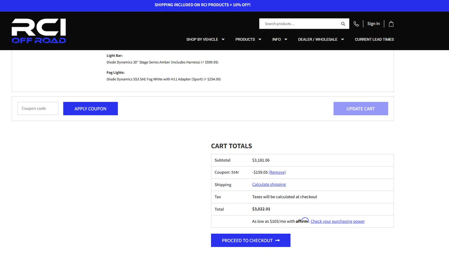 RCI Off Road coupon code screenshot showing code 5T4R applied at RCI Off Road checkout page. Uploaded by SimplyCodes community member Frionel_Pessi on Jan 6, 2026
