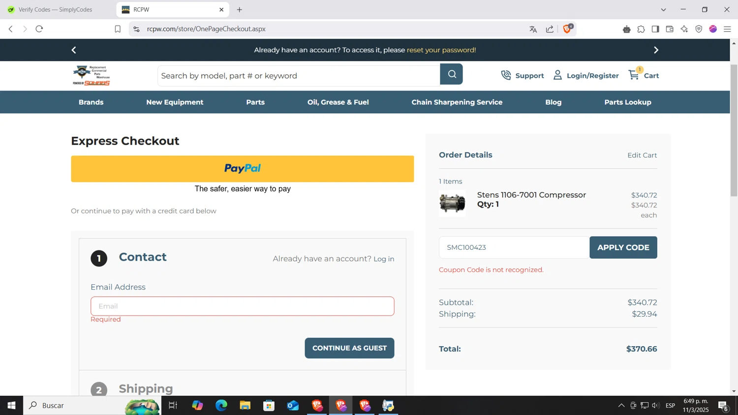 RCPW discount code screenshot showing code SMC100423 applied at RCPW checkout page. Uploaded by SimplyCodes community member AnthonyGTX on Mar 11, 2025