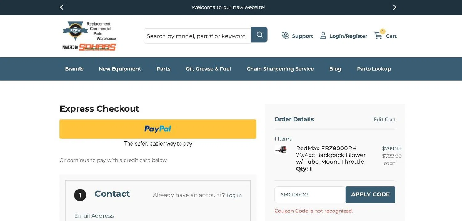 RCPW discount code screenshot showing code SMC100423 applied at RCPW checkout page. Uploaded by SimplyCodes community member SalePioneer8028 on Feb 10, 2025