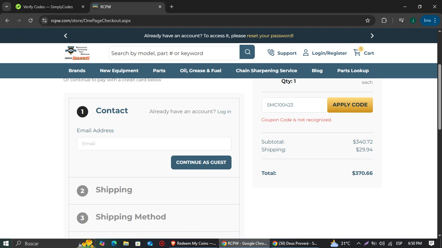 RCPW discount code screenshot showing code SMC100423 applied at RCPW checkout page. Uploaded by SimplyCodes community member jairinho on Mar 11, 2025